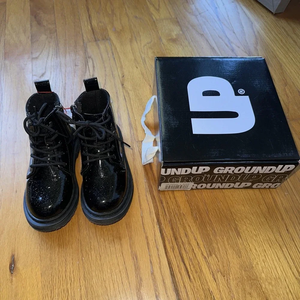 Ground Up Boots Girls 9 Black Glitter Patent Combat Lace Up Side Zip Ankle Youth